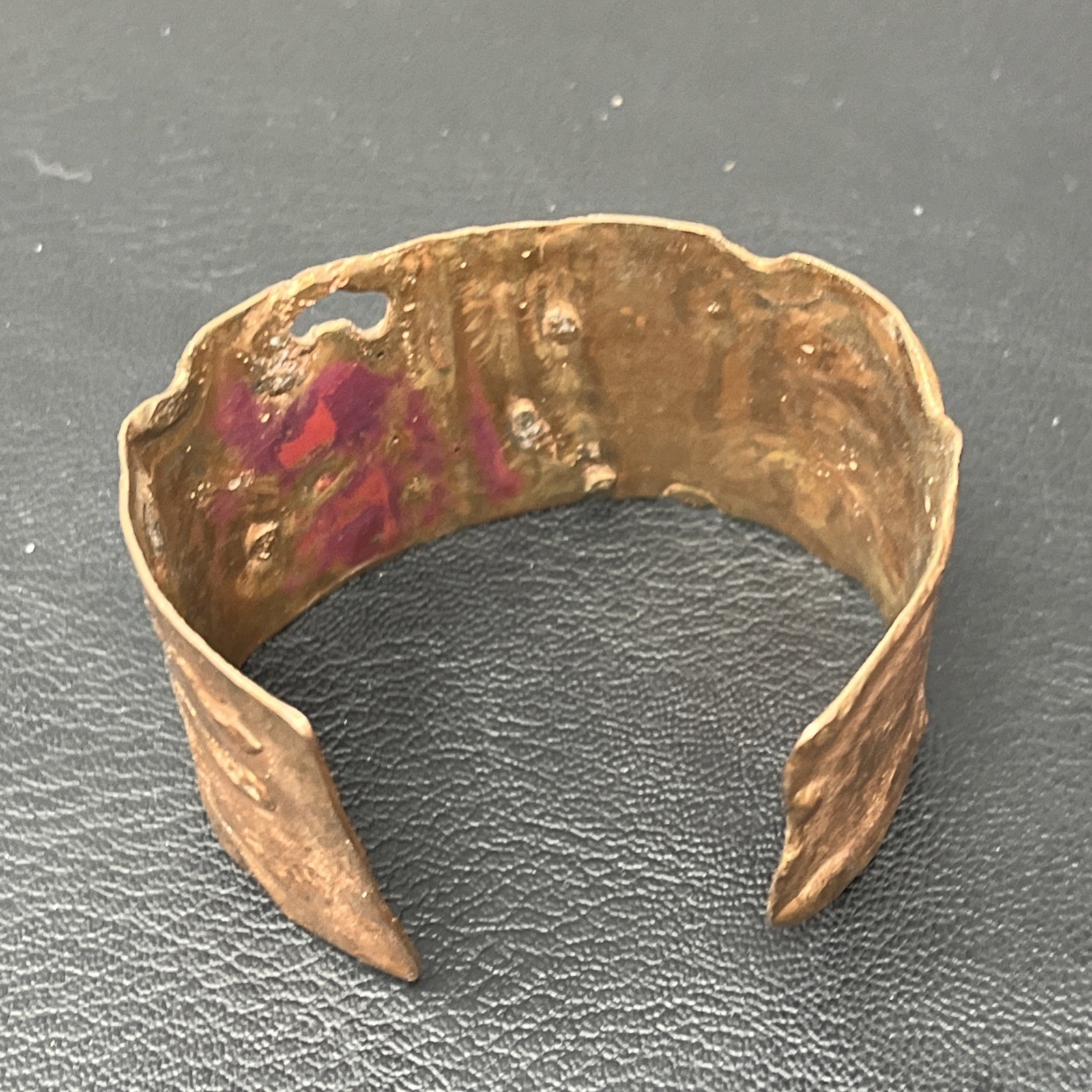 Copper Cuff Bracelet Artisan Heart stamp brutalist 1.5″ wide