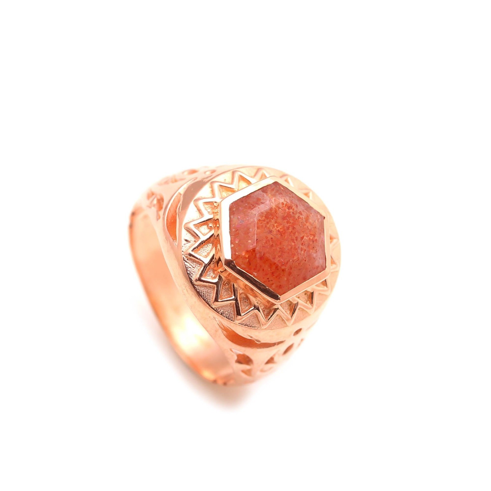 Natural Red Strawberry Hexagon Ring Rose Gold Fill 925 Sterling Silver Jewelry