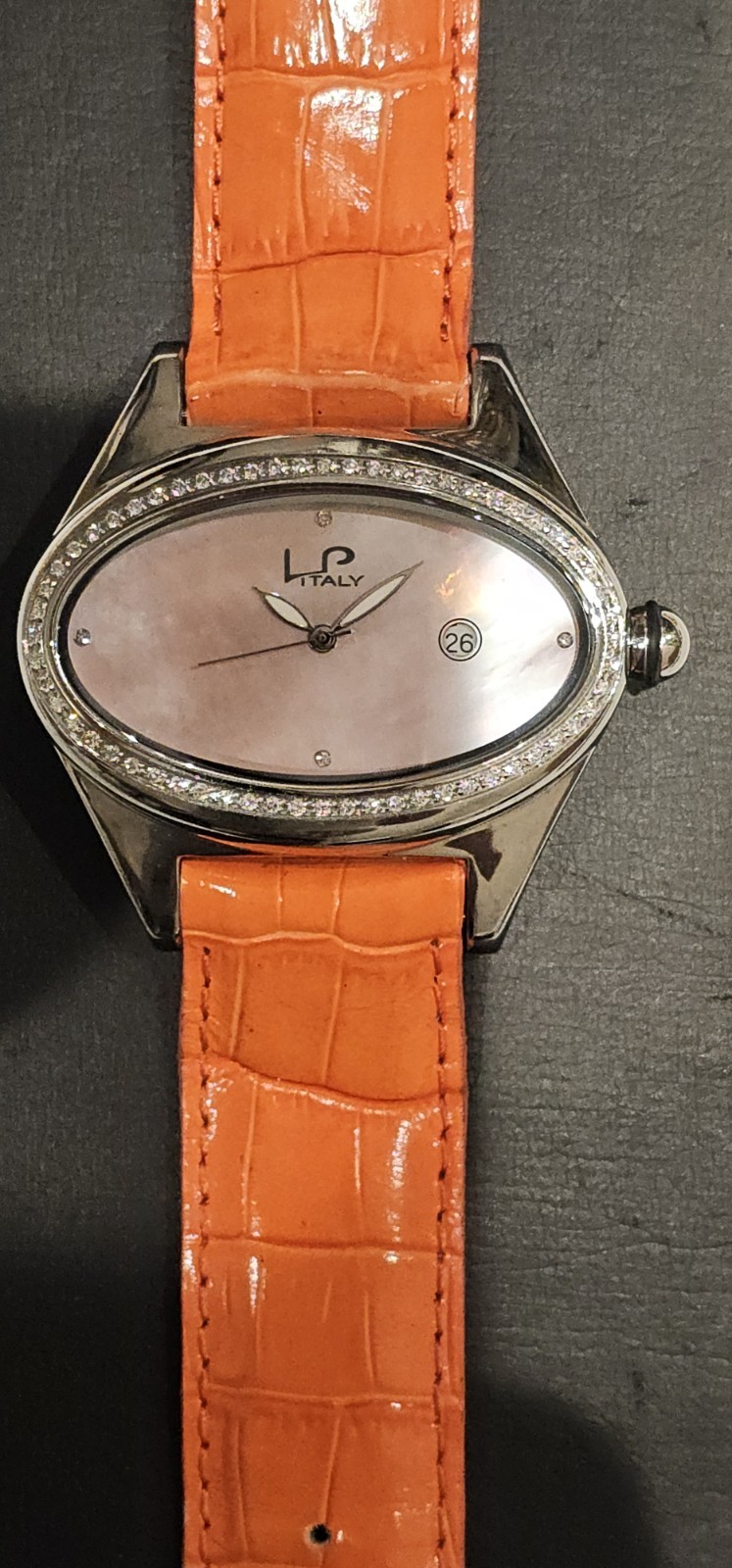 Lorenzo Pozzan ORANGE Diamond Bezel MOP Date Dial Oval Watch LP Italy 746-20-285