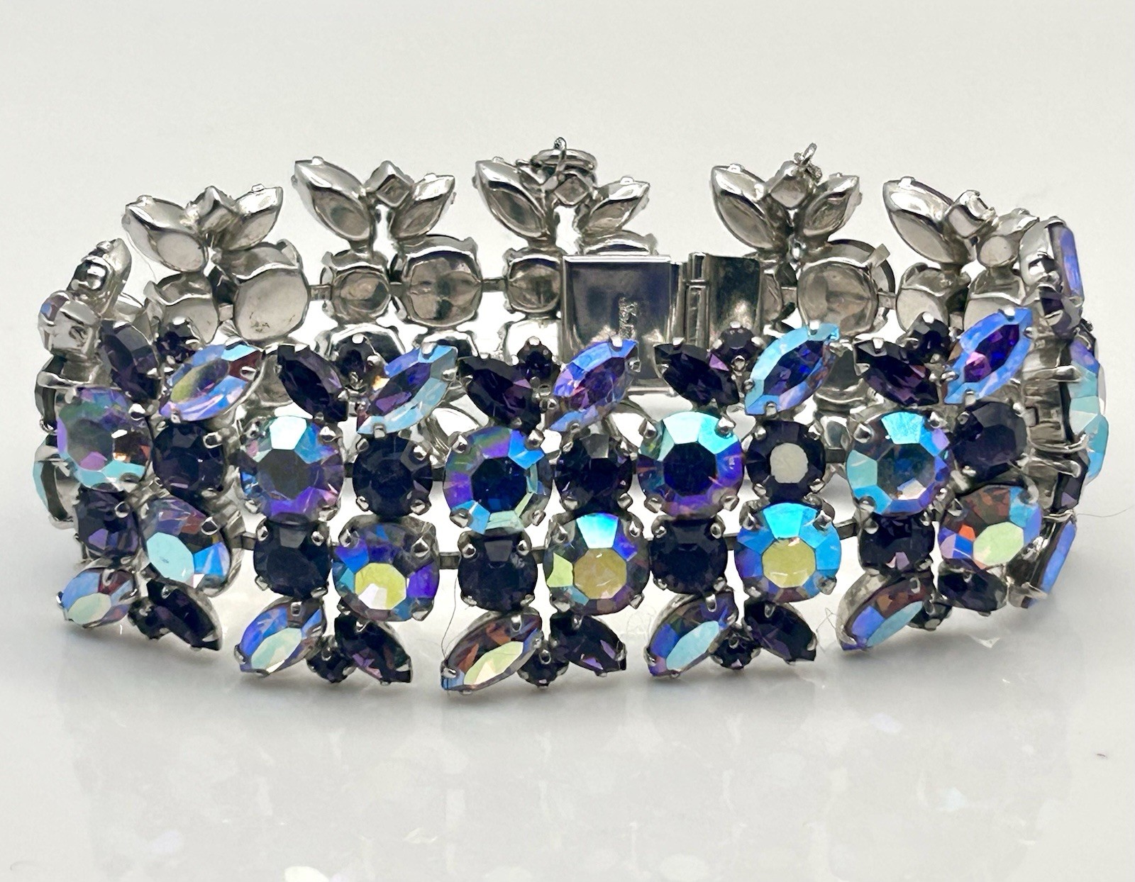 Signed Sherman Rhinestone Bracelet & Earrings Purple & AB Rhinestones