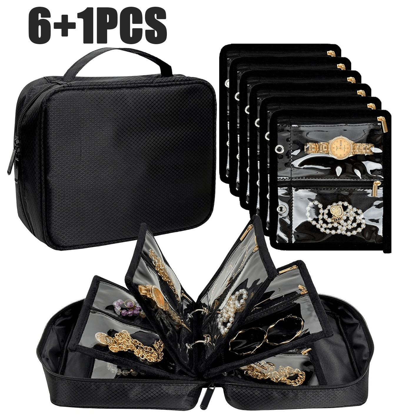 FAXHION 6+1/2pcs Nylon Travel Jewelry Storage Box Black/Beige Travel Jewelry Bag