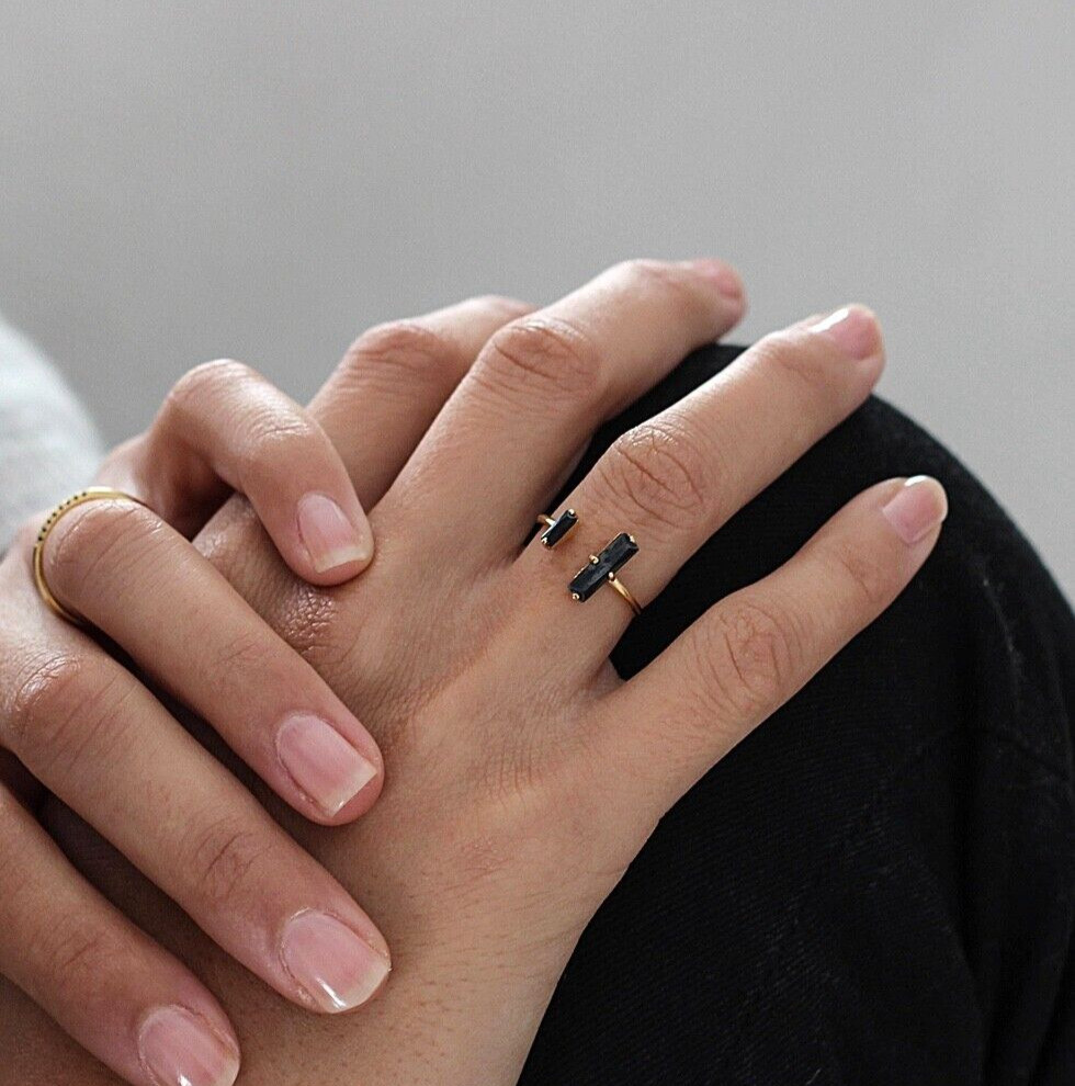 Black Obsidian Bar 18K Gold Dainty Minimalist Healing Women Open Size Ring Gifts