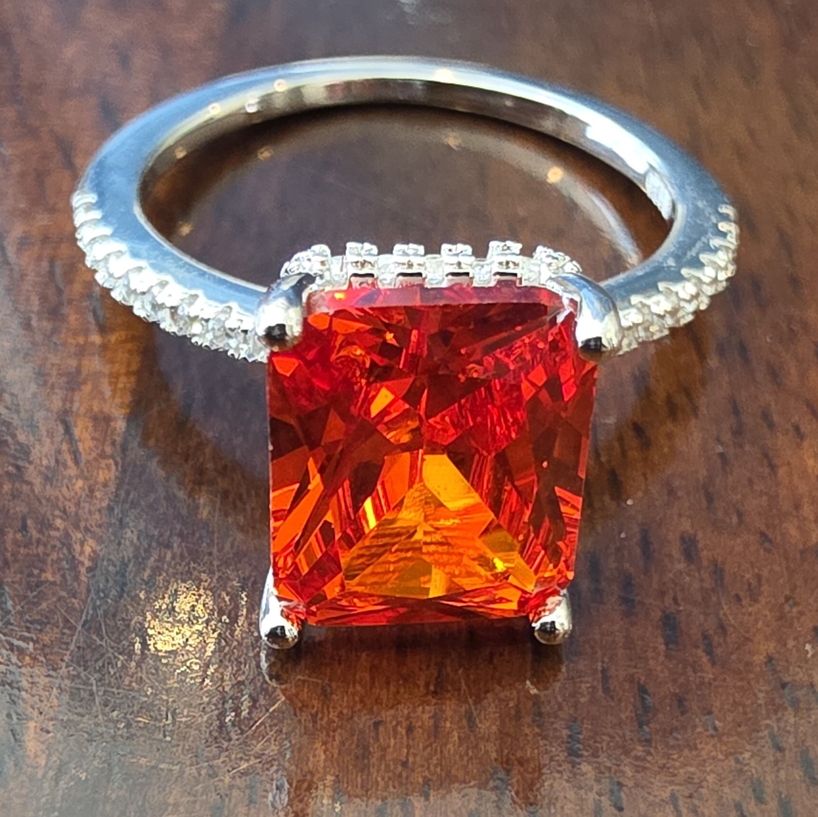 925 Sterling Silver Lab-Created Vivid Orange Emerald Cut Solitaire Ring Sz 7 UGI