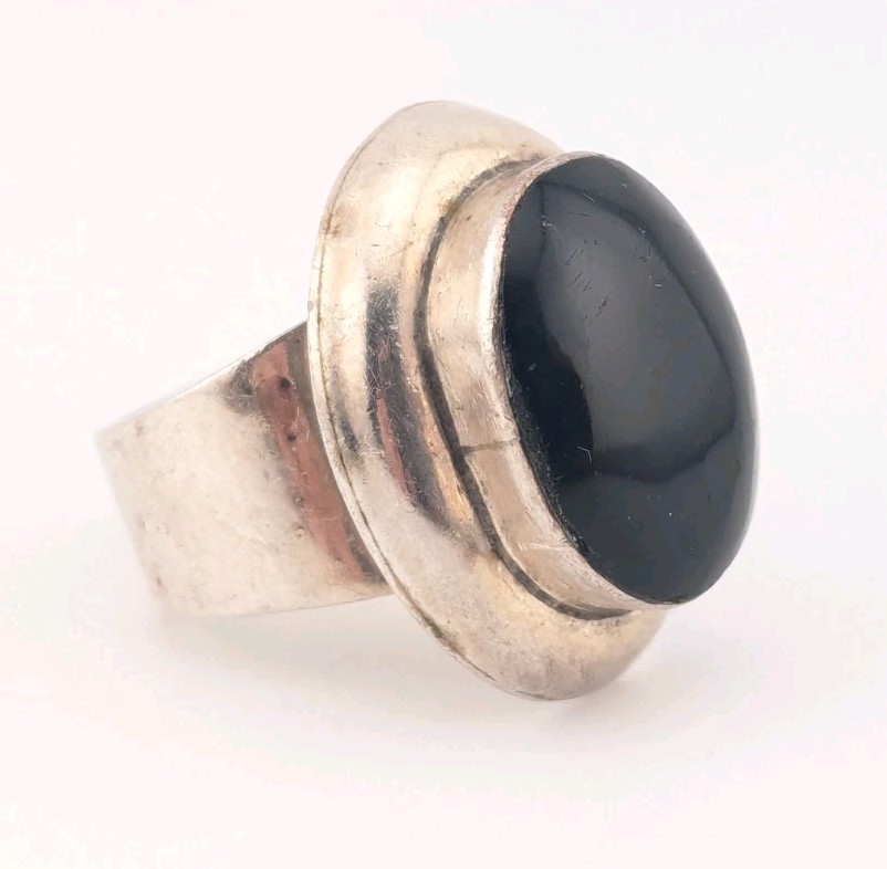 Vintage Taxco Mexico Sterling Silver Ring Black Onyx Size 7.5-7.75