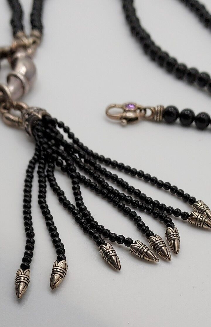 Scott Kay 925 marked Silver & Black Onyx Beaded Bolo Tassel Necklace hangs 24″