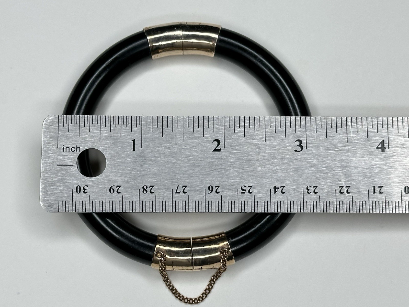 Vintage Black Jade or Onyx Hinged Gold Tone Bangle Bracelet w/ Push Lock /Chain