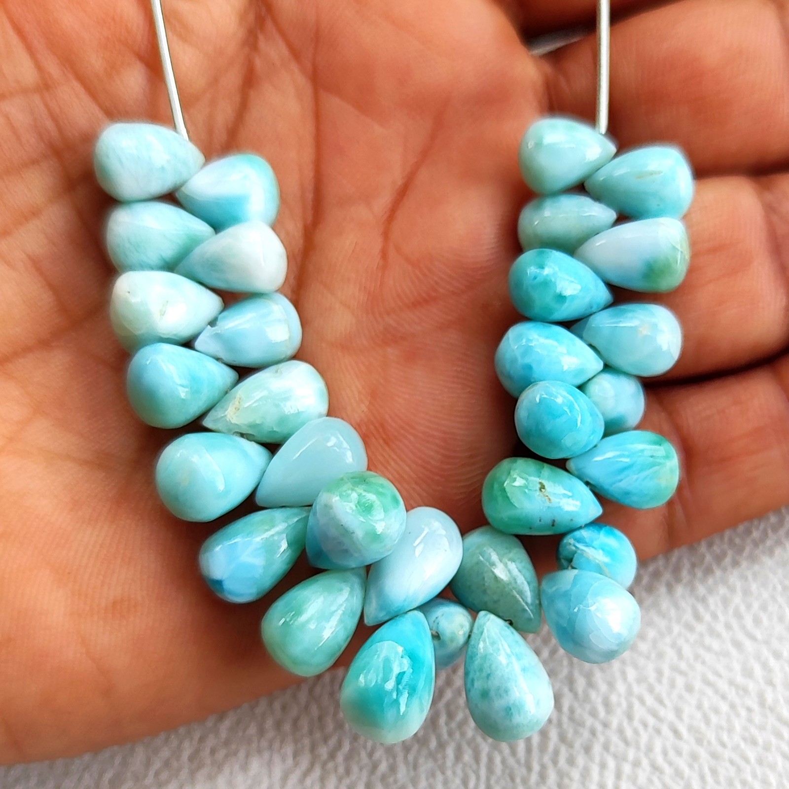 Dominican Republic Larimar Drop Beads 4″ Strand Smooth Gemstones 9x6mm-10x7mm