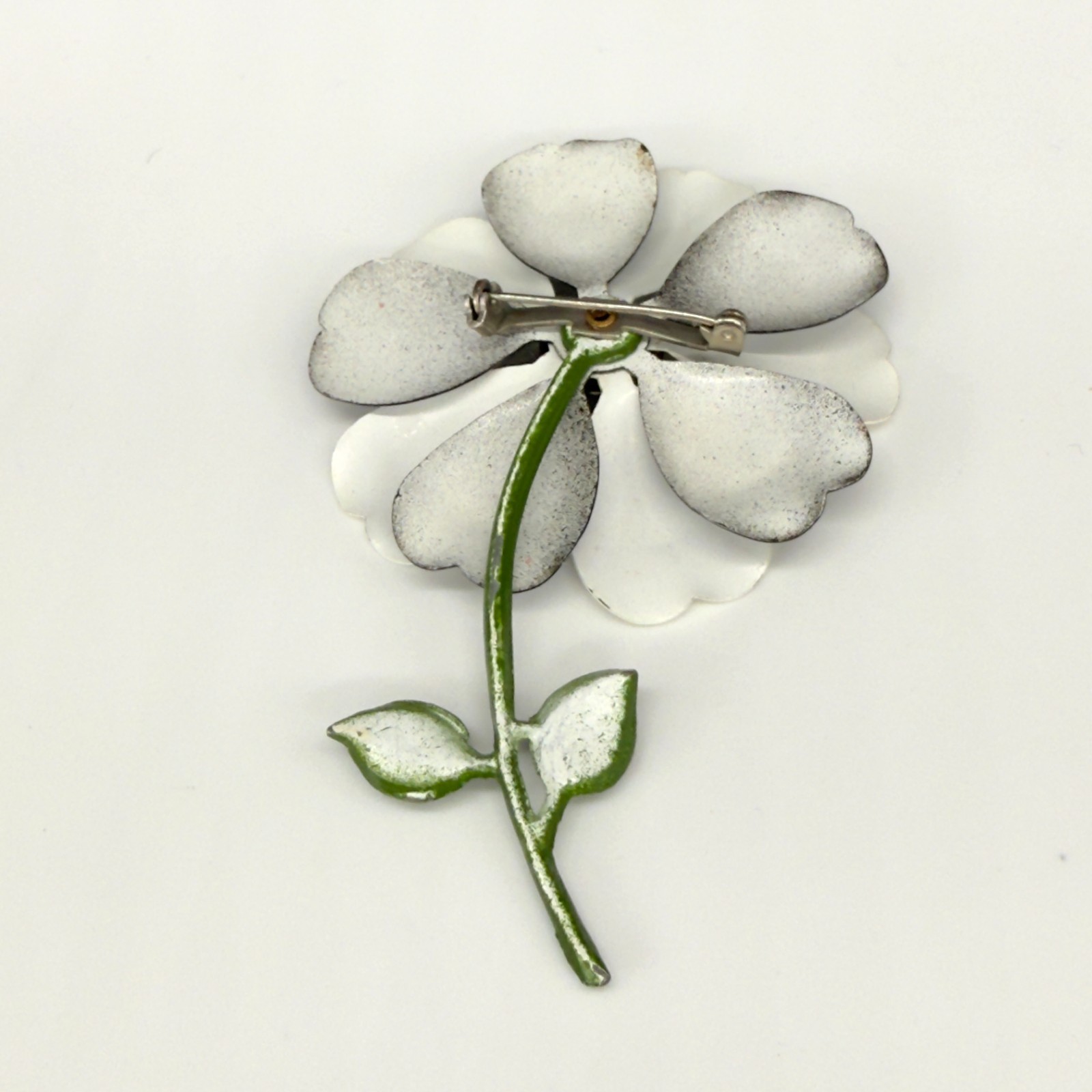 Vintage Enamel Flower Brooch Black White Green Stem 3.75 Inches