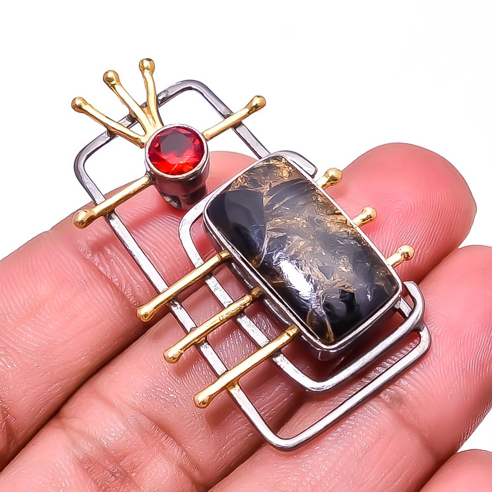 Copper Black Obsidian, Red Garnet Black And Gold Plated 925 Silver Pendant 1.56″