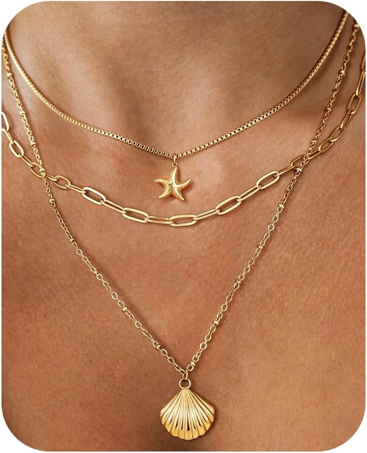 14k Gold Layered Starfish & Seashell Necklace – Adjustable Summer Jewelry