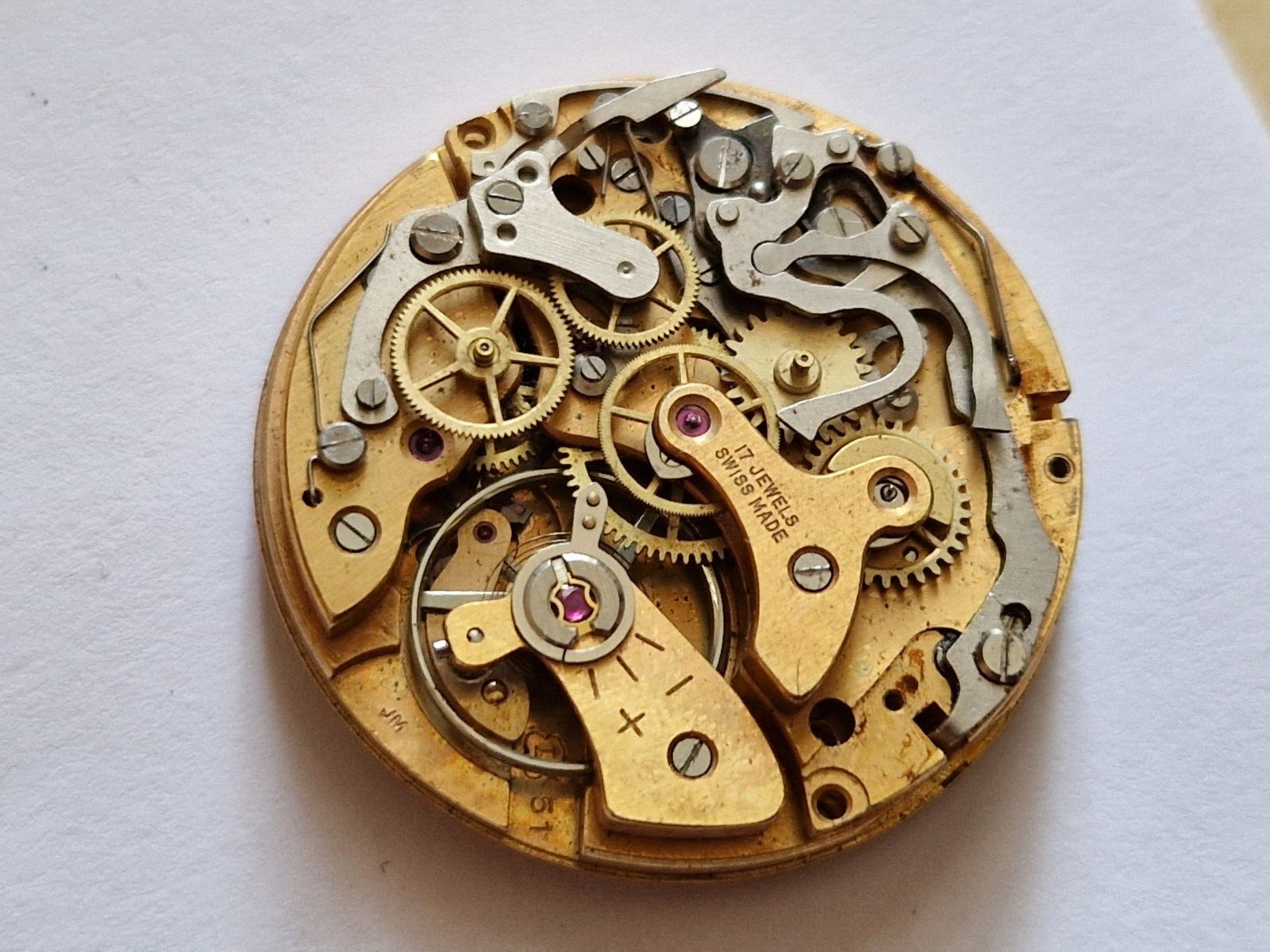 Vintage chronograph watch movement for parts cal Landeron 51 good balance