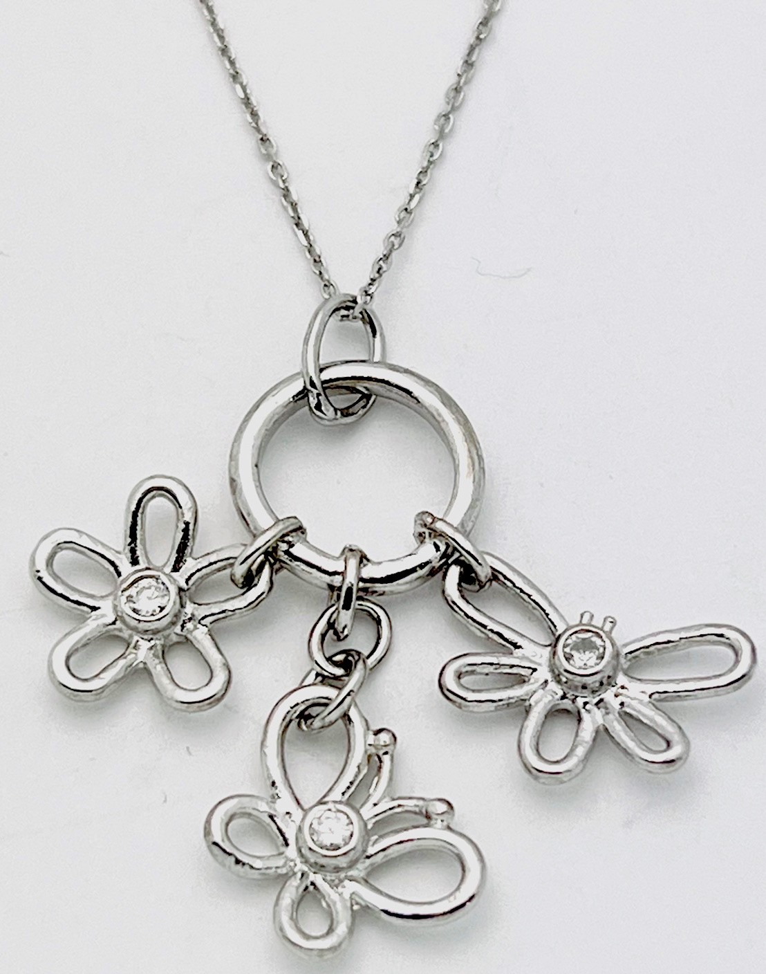 925 Sterling Silver 4.1 Gram Bezel Set CZ Butterfly Flower Necklace 18”
