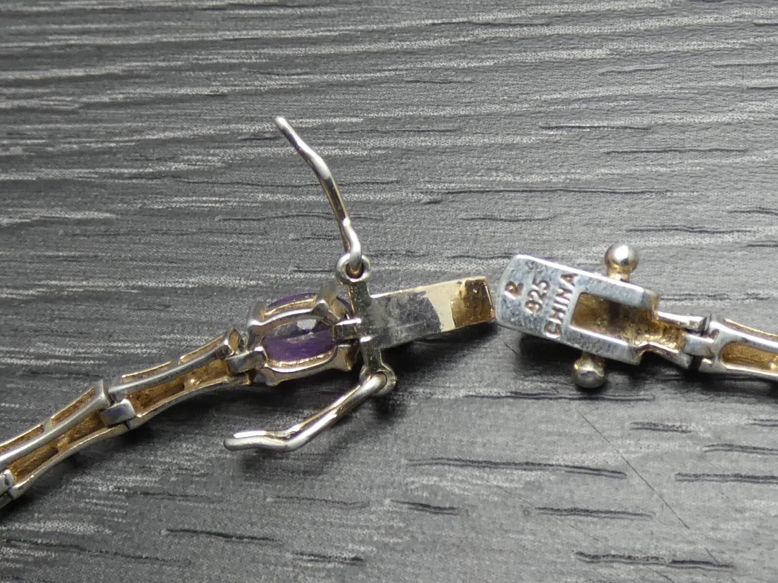 Sterling Silver Oval Purple Unique Bar Link Clasp Tennis Bracelet 7.5 inches