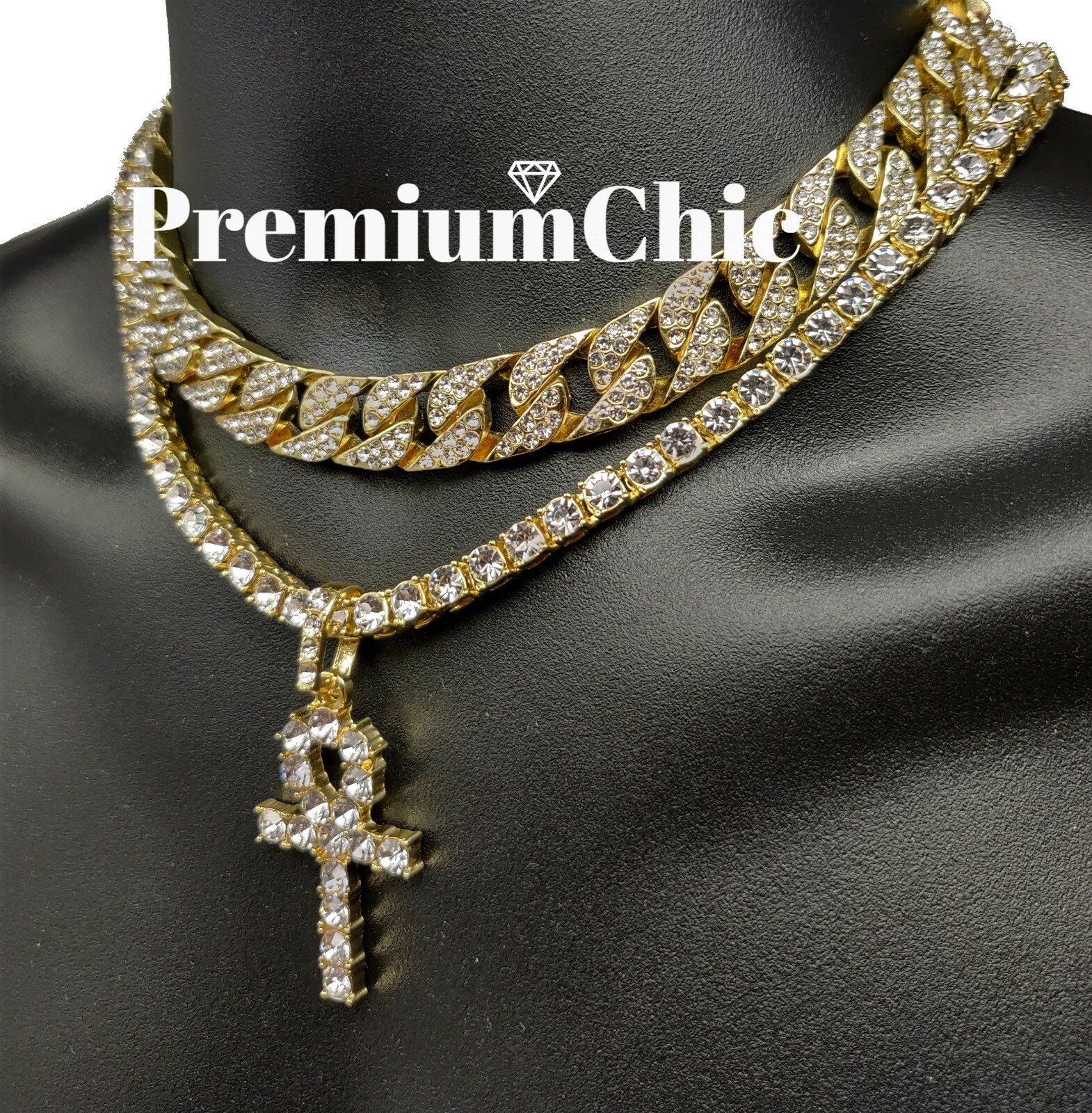 Mens Hip Hop ANKH Pendant + Tennis Chain + Miami Cuban Choker Plated CZ Jewelry