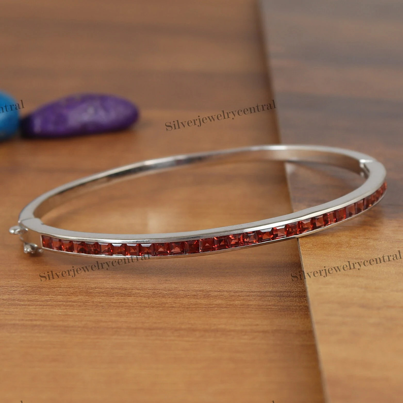 Natural Garnet Bangle: 925 Sterling Silver January Birthstone Jewelry