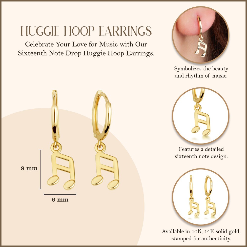 Yellow Gold Sixteenth Music Note Drop Huggie Hoop Earrings