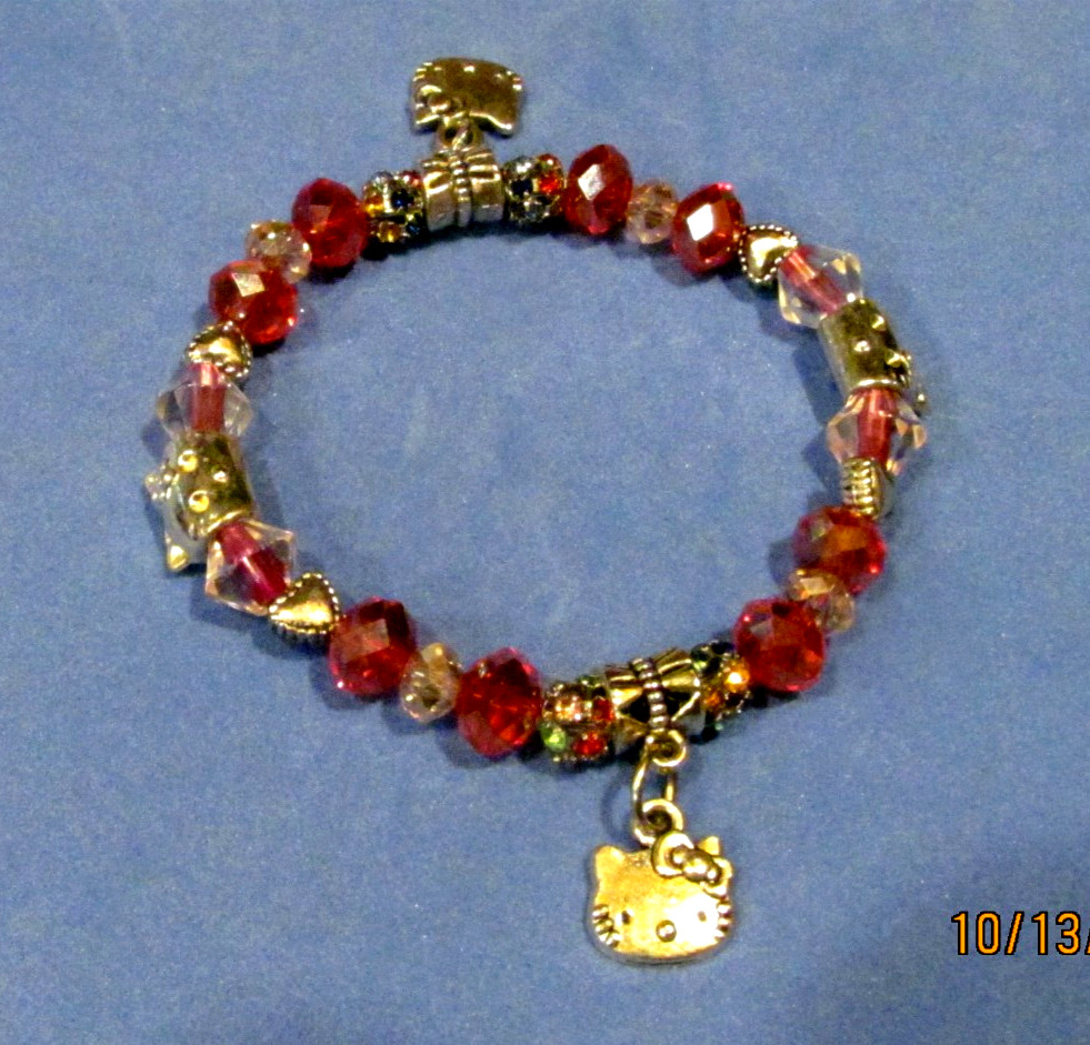 Hello Kitty Bracelet with Red & Pink Crystal, Glass Beads, Stretch Design