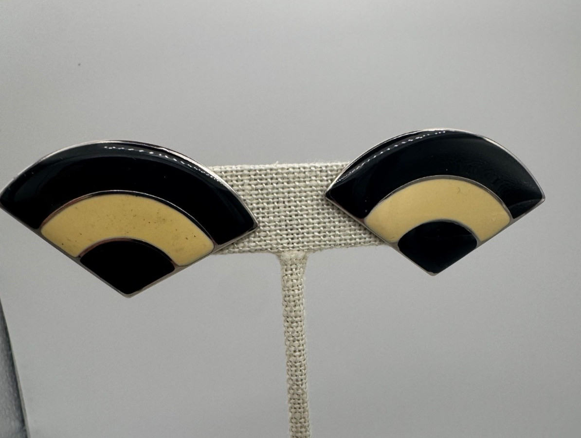 Vintage Black Cream Enamel Fan Earrings Art Deco Style Silver Tone Post 1980s
