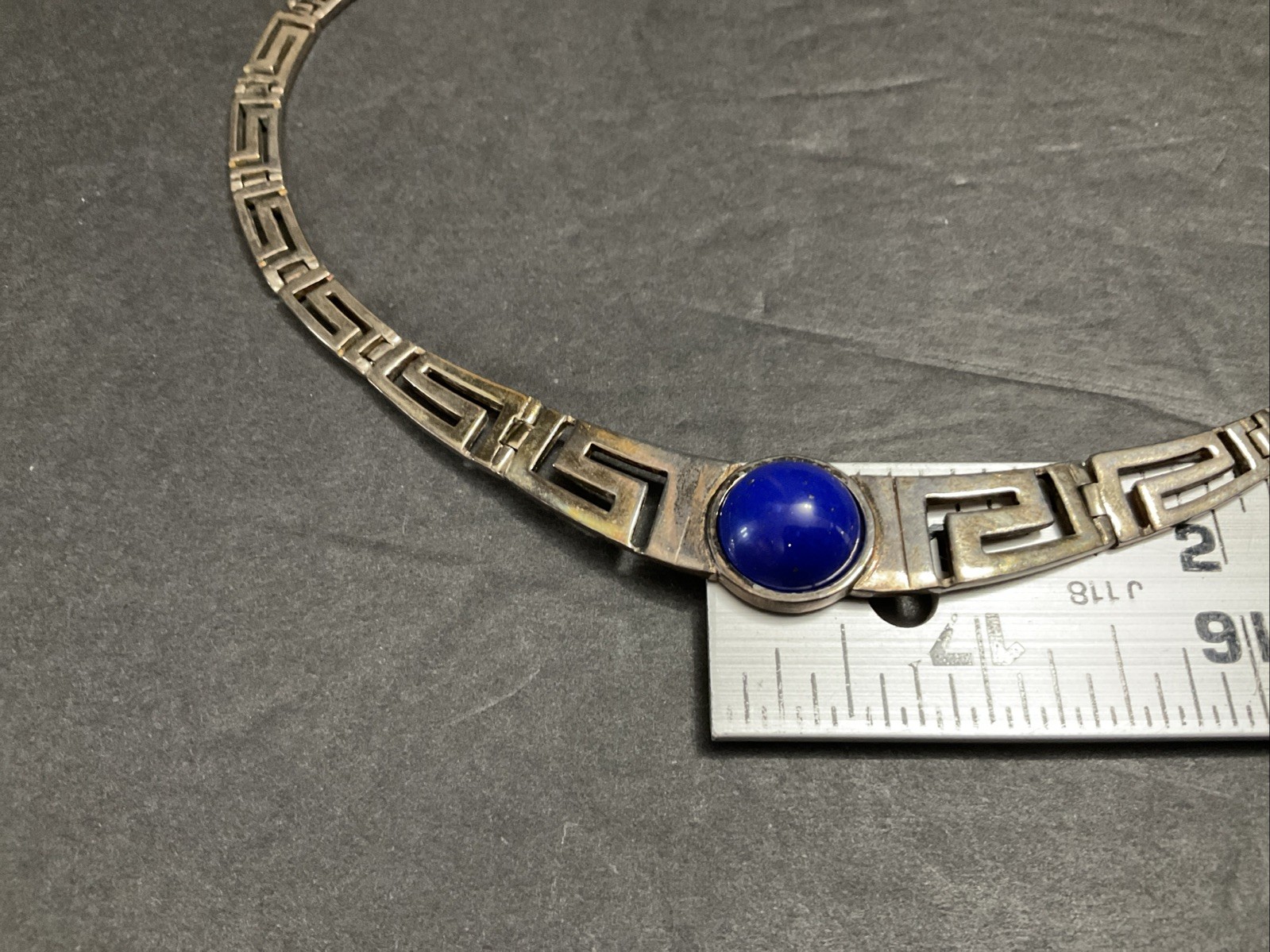 Sterling Silver and Blue Lapis Necklace Greek Key Design Choker ~ 45 Grams 20 In