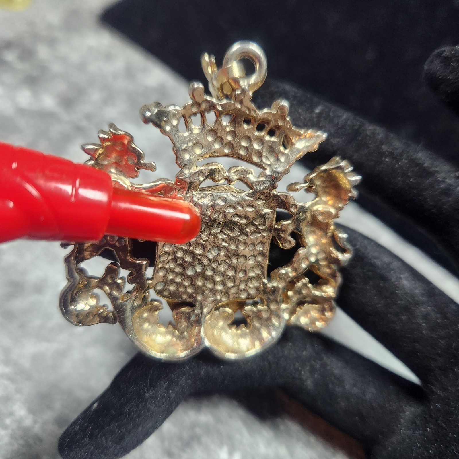 Vintage Heraldic Crest Lion Gold Tone Red White Enamel Coat of Arms Crown charm