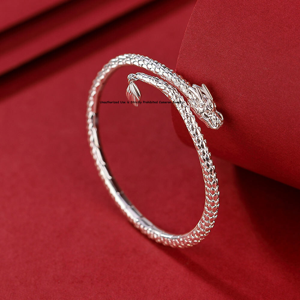 Pure S999 Fine Silver 999 Bracelet Men Women Dragon Open Bangle 26-27g