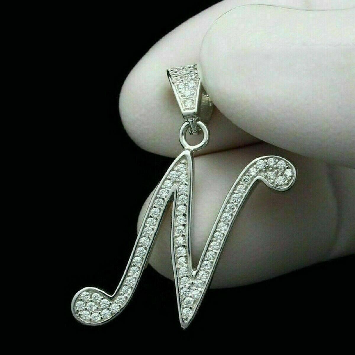 1Ct Round Cut Diamond Initial Letter N Charm Pendant Chain 14K White Gold Finish