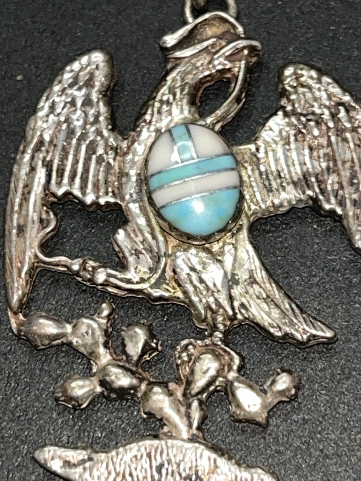 Vtg Mexico 925 Sterling Silver Eagle Pendant Turquoise Mosaic Inlay Apprx 2” 10g