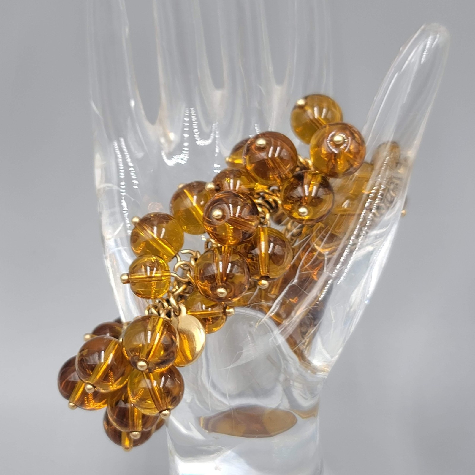 Brown Glass Bead Charm Bracelet Womens 7.25 In Gold Tone Chain Cluster Jewelry