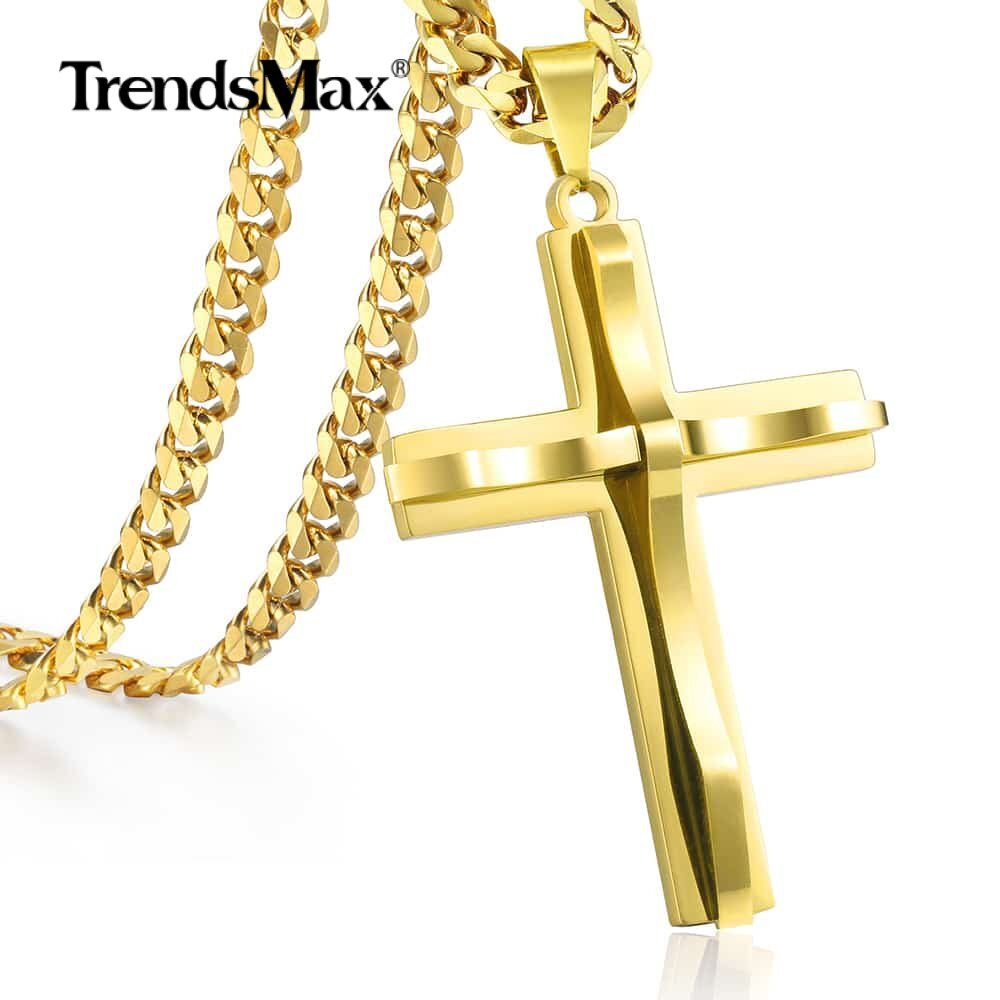 Mens Womens Stainless Steel Curb Chain Necklace w Cross Pendant Silver Gold