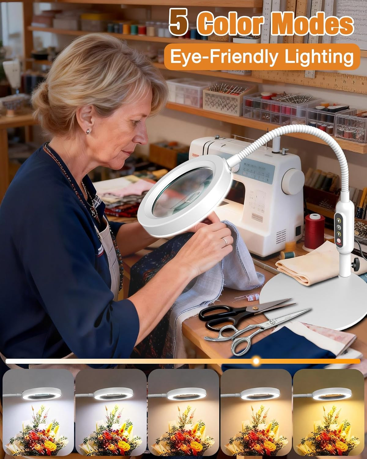 Magnifying Glass with Light and Stand, 5 Color Modes Stepless Dimmable, Optical