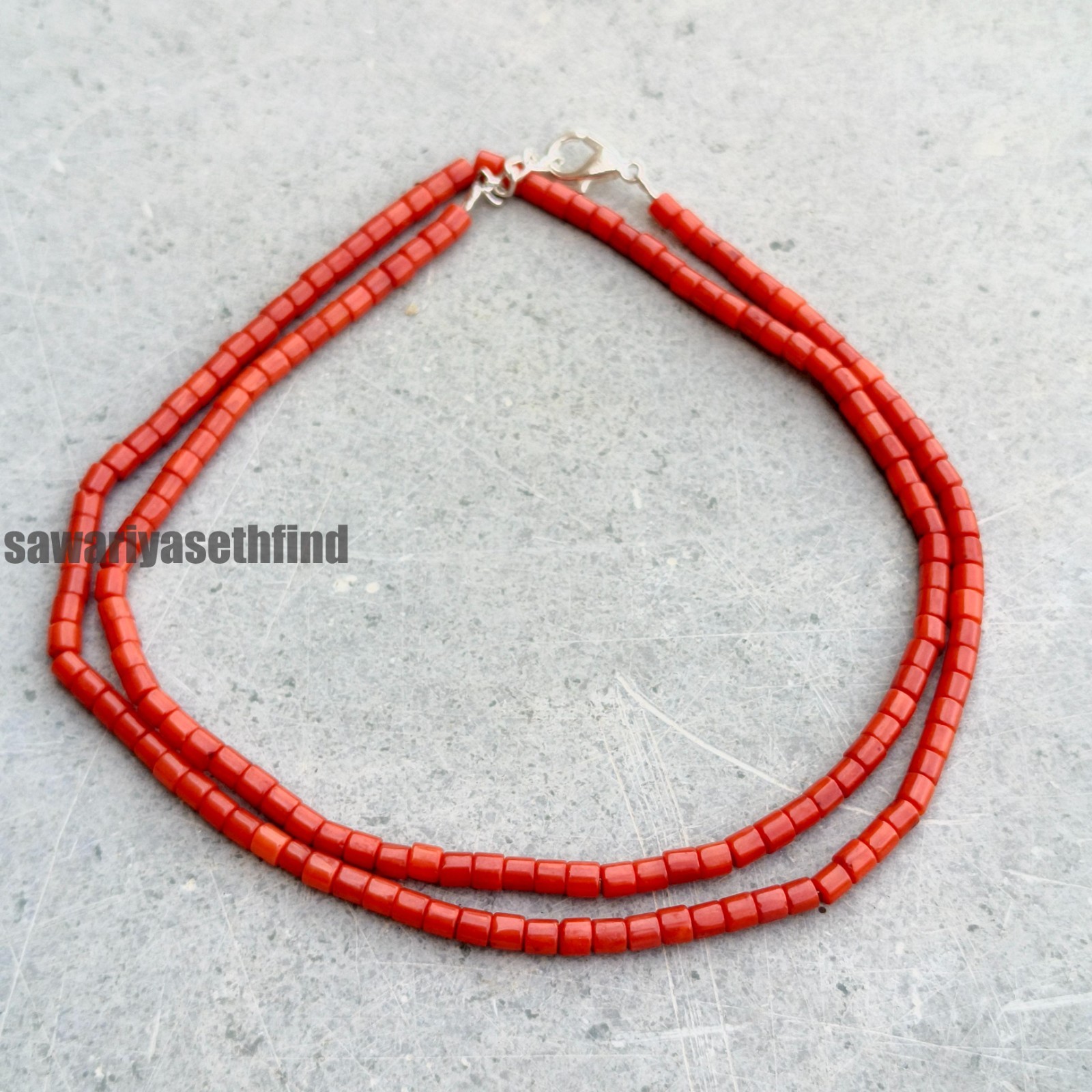 Red Coral 3mm Tube Beaded Necklace, Sterling Silver Clasp, Handmade Gemstone Je