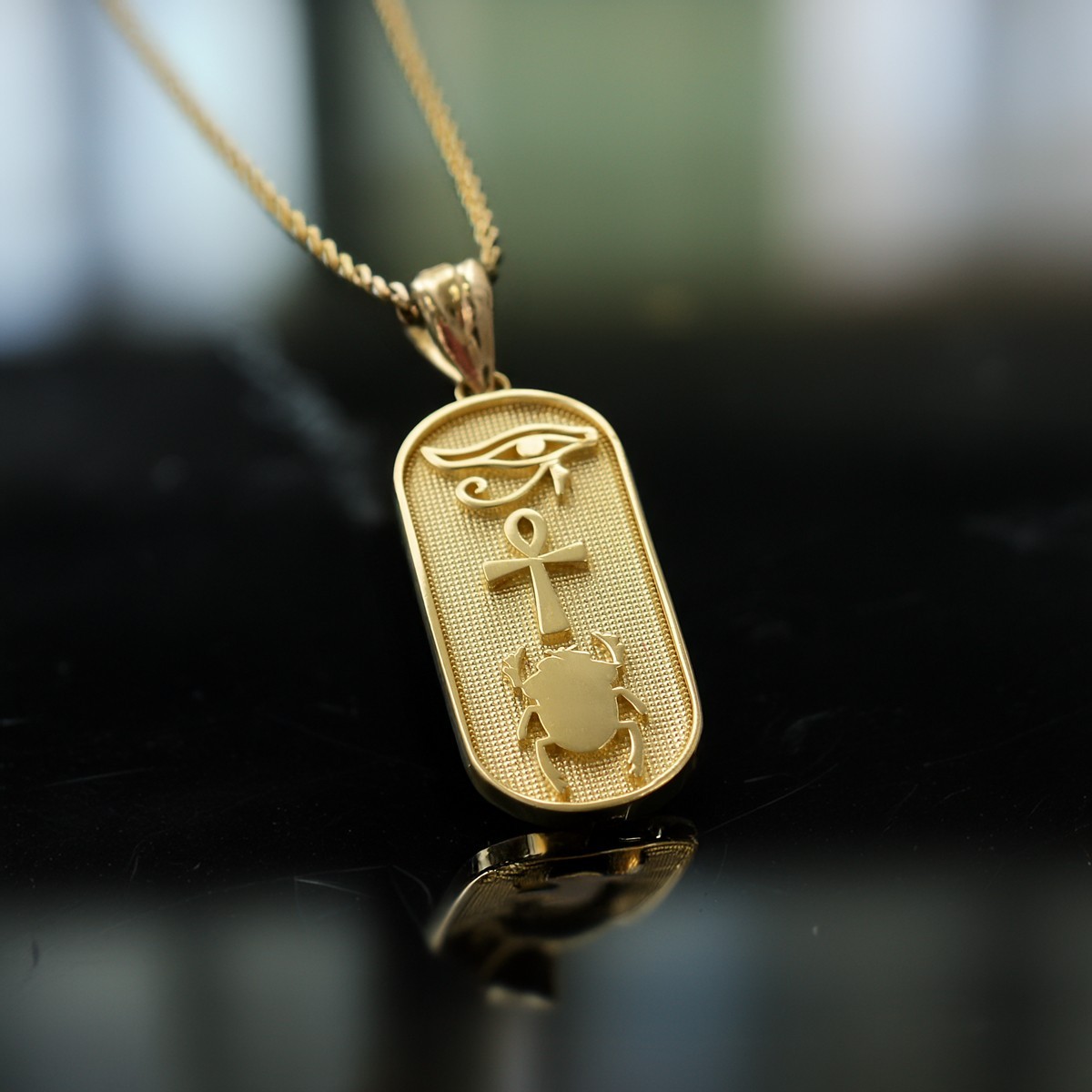 Yellow Gold Egyptian Symbols Eye of Horus, Ankh and Scarab Beetle Pendant