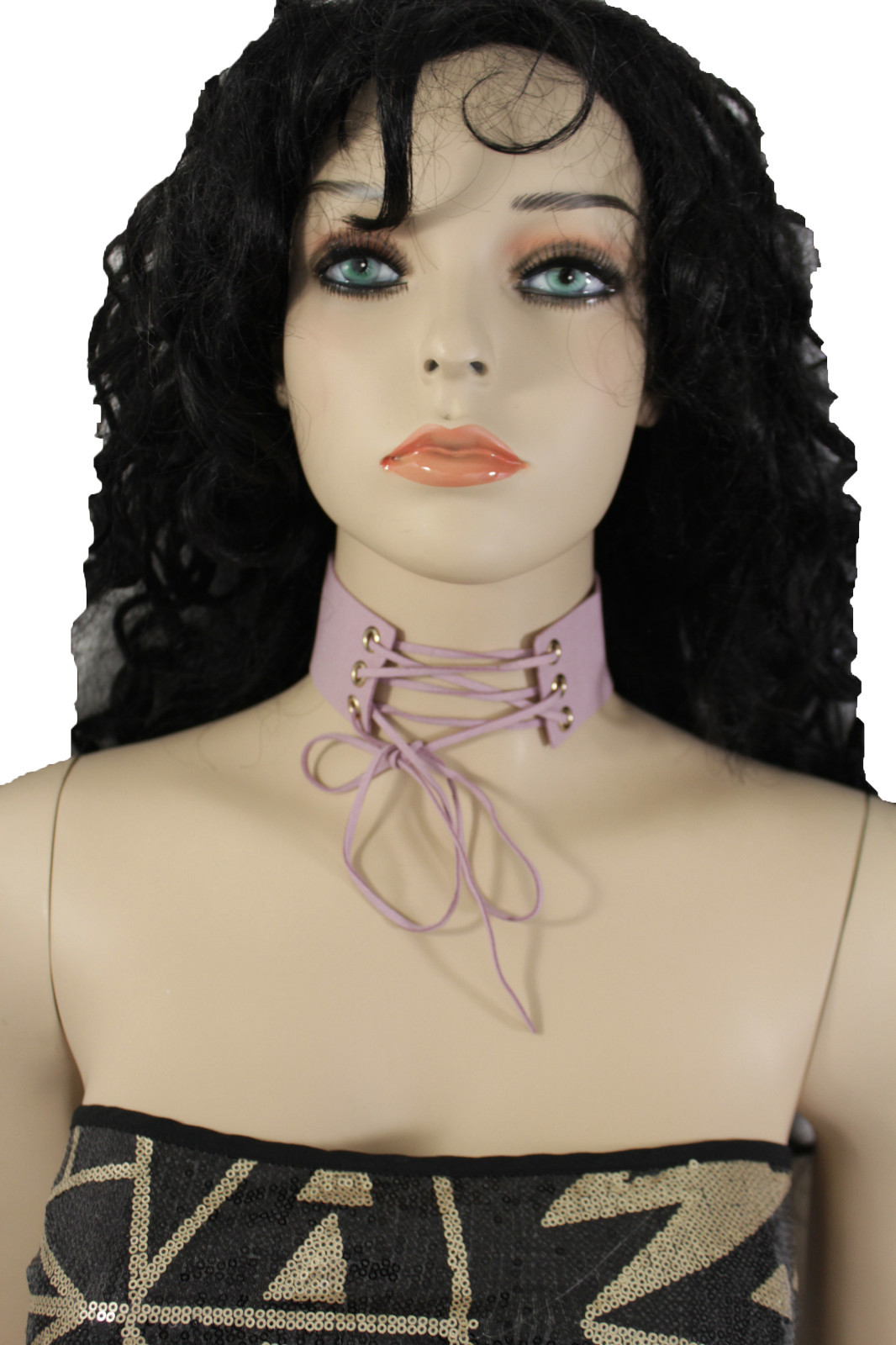 NEW Women Pastel Pink Faux Leather Fabric Fashion Corset Choker Necklace Tie