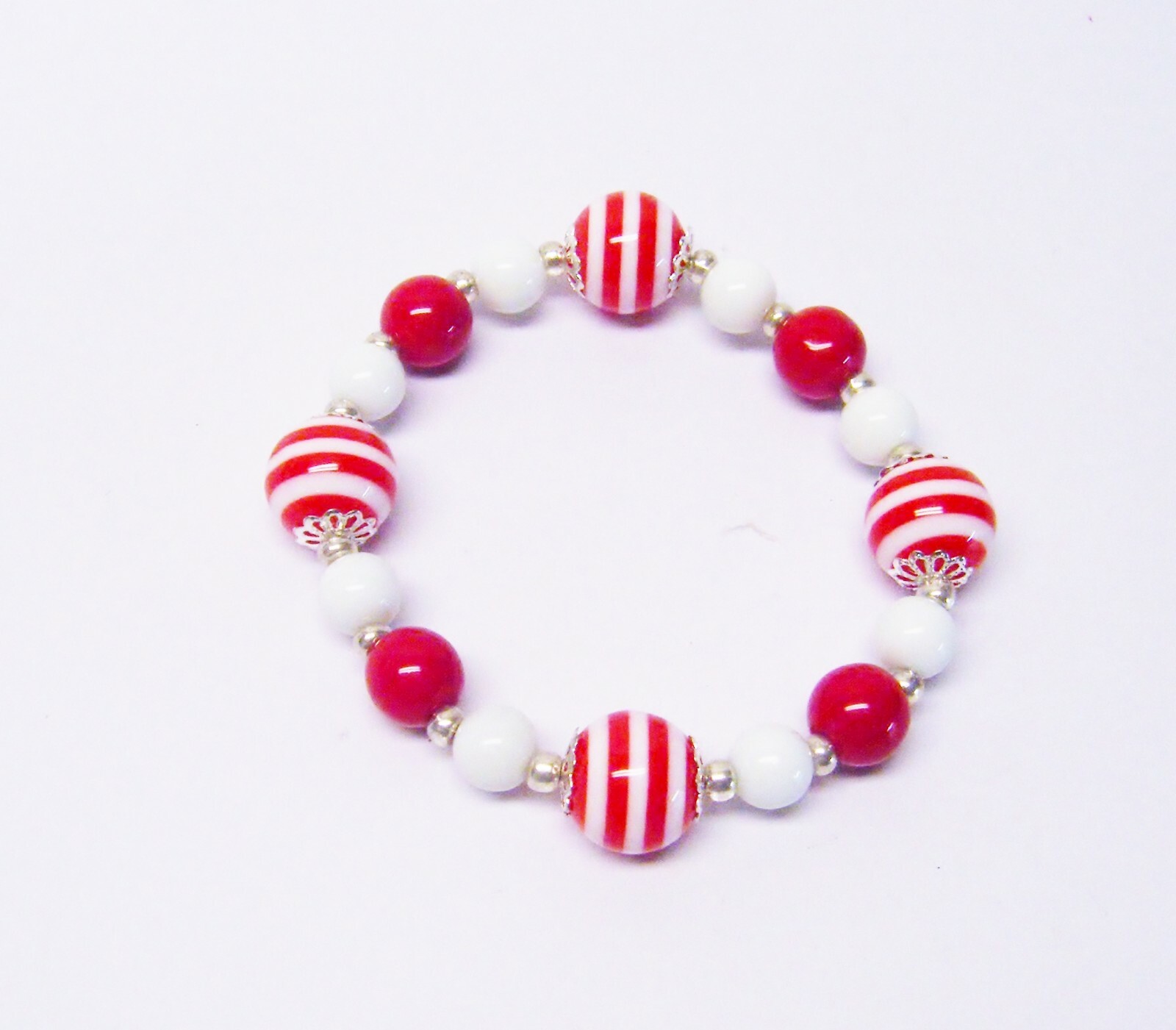 Red/White Stripe Acrylic w/White Glass Bead Necklace/Bracelet/Earrings