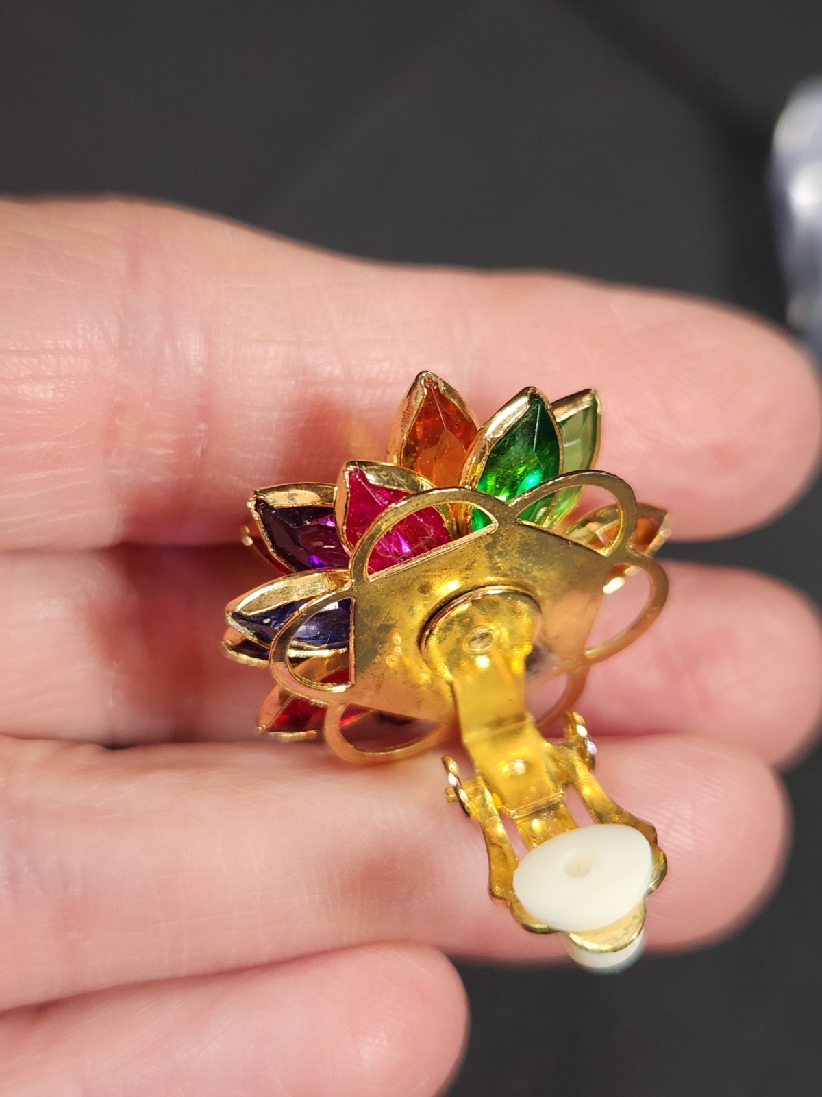 Vintage reverse set navette multicolor rhinestone flower clip on earrings
