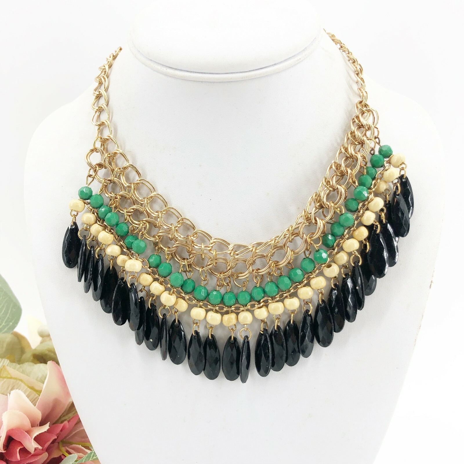 Statement Necklace Green Beige Black Gold Tone Beaded Bib Necklace 16 – 18″