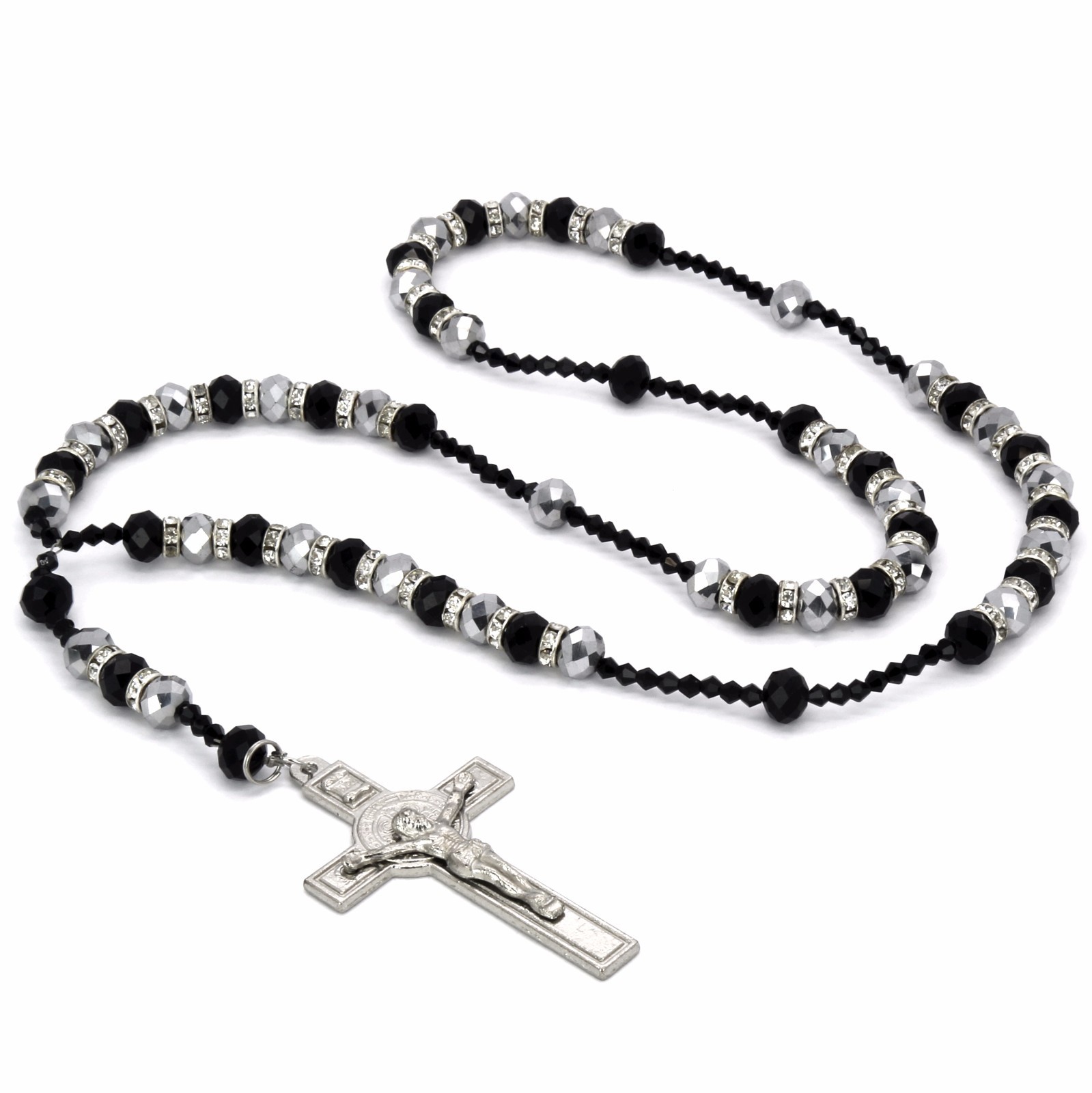 Hip Hop BLACK/GRAY Beads Cubic-Zirconia Rosary Jesus Cross Religious Chain