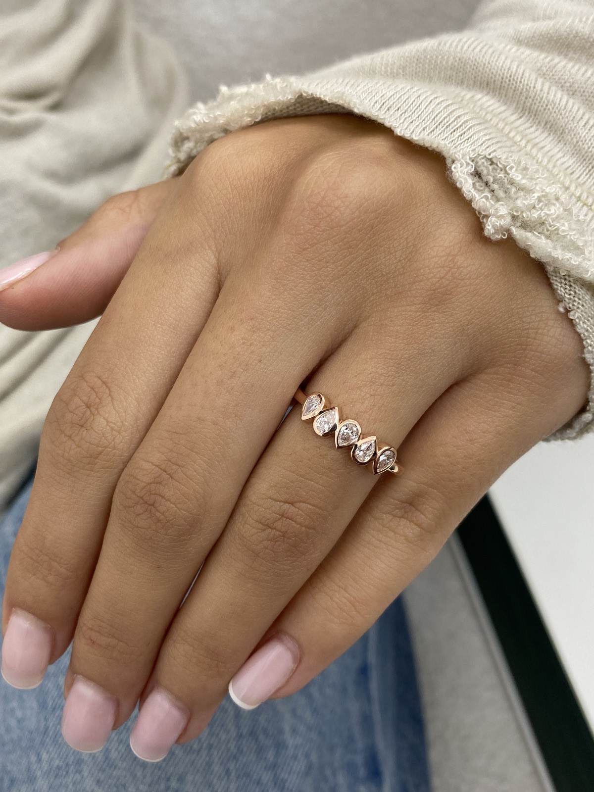 14k Rose Gold 5 Stone Ring Lab Created Diamond Pear Cut F/VS Cluster 0.3 Ct