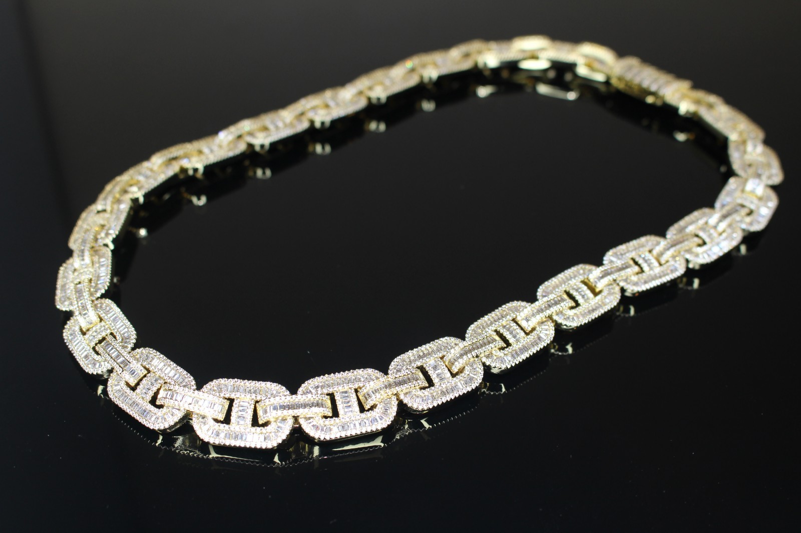 14k STAMP 14mm MARINER Chain Necklace 82.6ct BAGUETTES Lab Sim VVS1 Diamond Gold