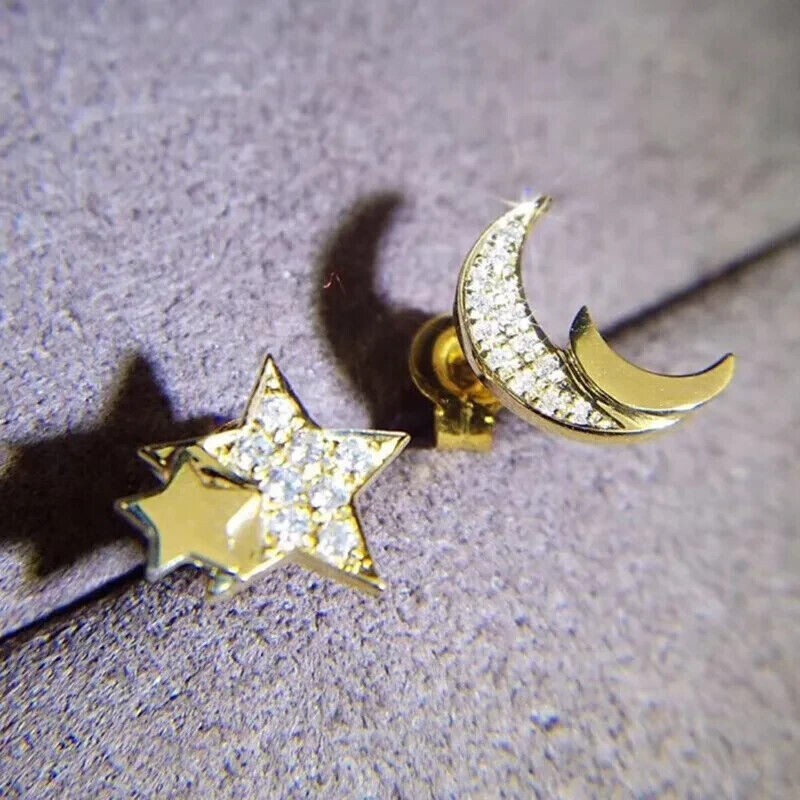 Round Simulated Diamond Women’s Moon Star Stud Earrings 14K Yellow Gold Plated