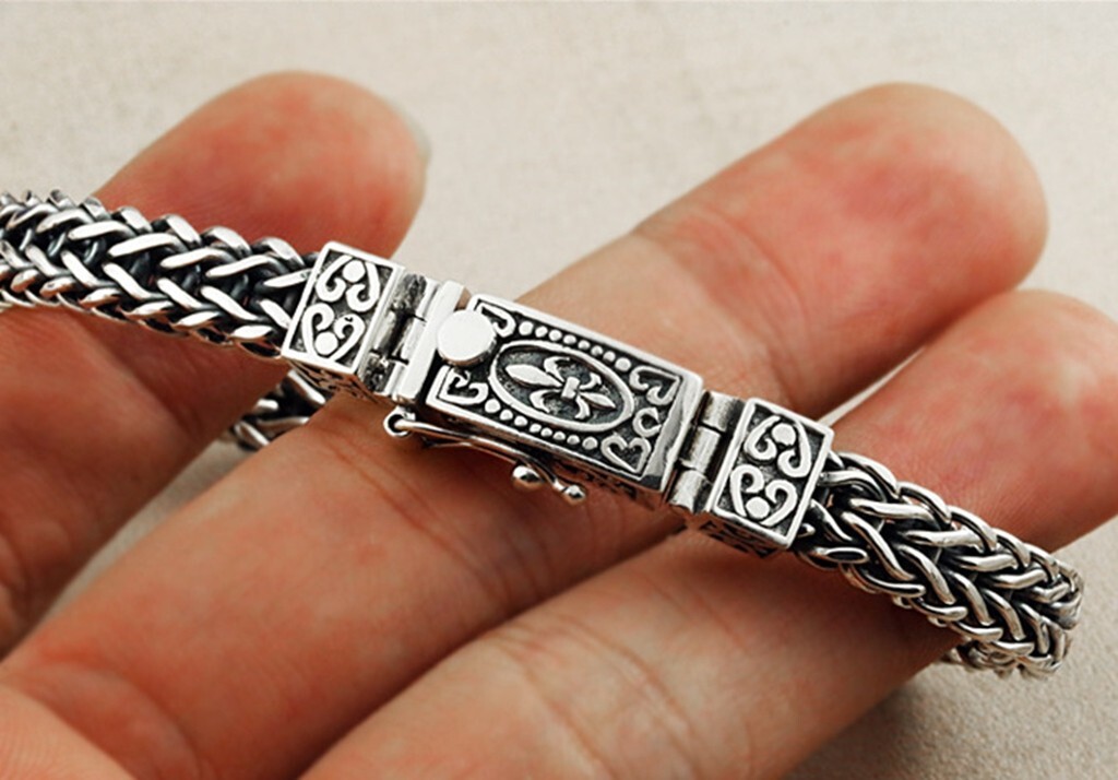 Men 40g 925 Sterling Silver Vintage Silver Dragon Braid Chain Bracelet 8.5″