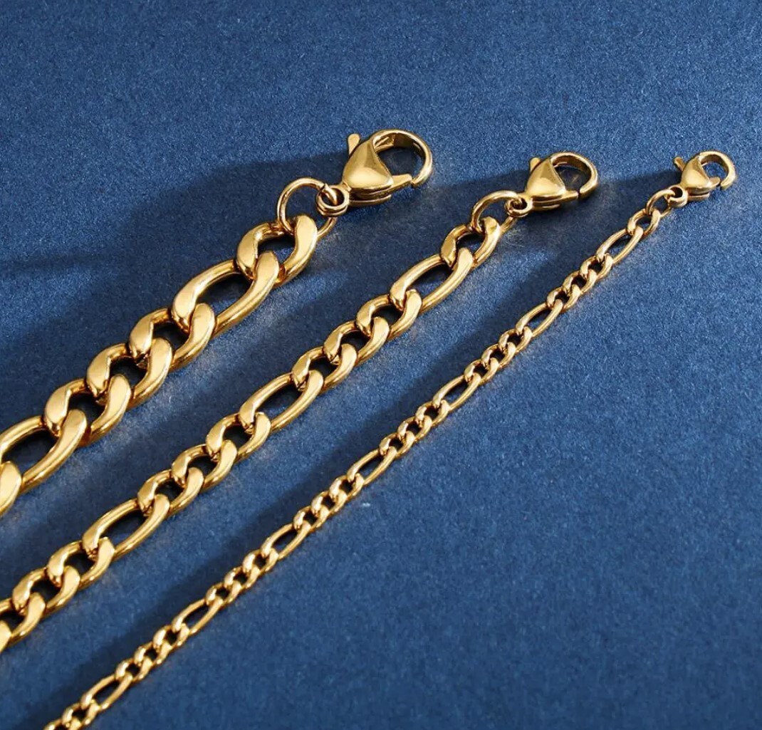 Gold Color STAINLESS STEEL FIGARO Bracelet 24 cm( 9.4 in ) 7mm width