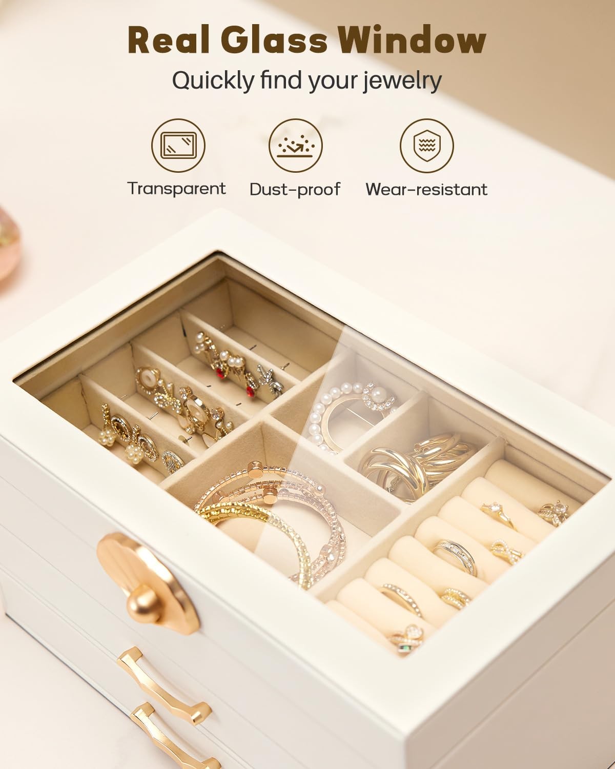 Jewelry Box 3 Drawers Glass Lid Leather Organizer Storage Display White Gift