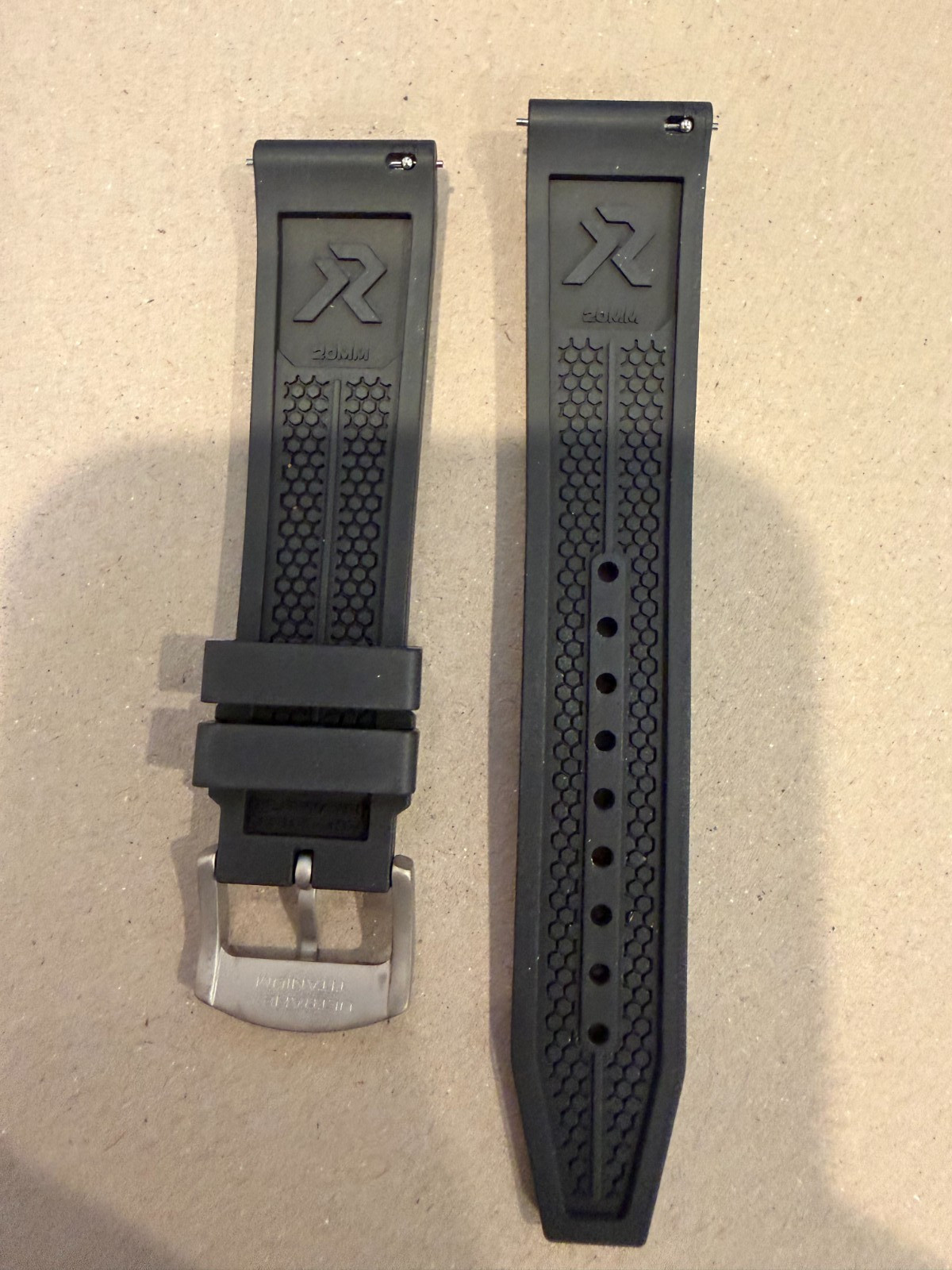 RZE HexaFlex FKM Rubber Watch Band, 20mm, BLACK W/ Titanium UltraHex Buckle