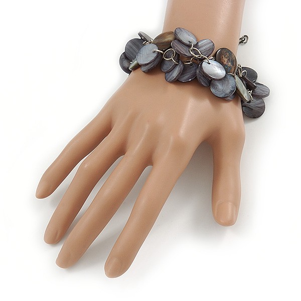 2 Row Dark Grey Coin Shell Bead Bracelet – 18cm L/ 5cm Ext