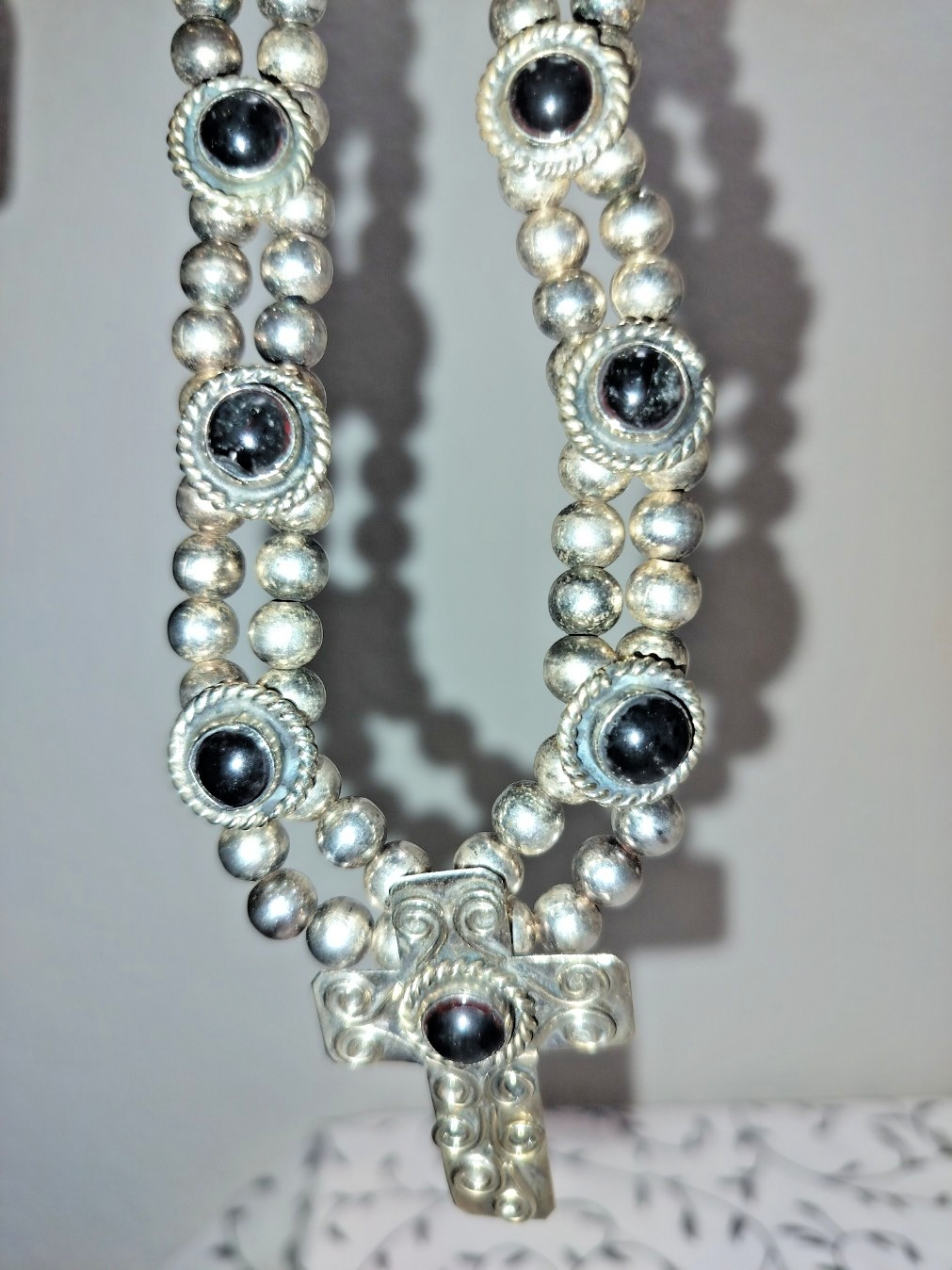 Silver Tone Cross Necklace Mexico Black Glass Cabochon Beaded Chain 20.5in