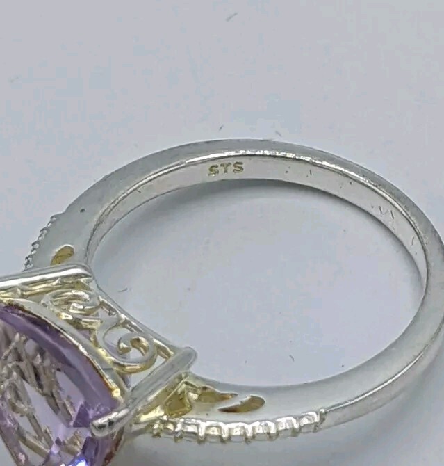 STS Rose De France Amethyst Trillion Cut & CZ Ring in Sterling Silver Size 8.25