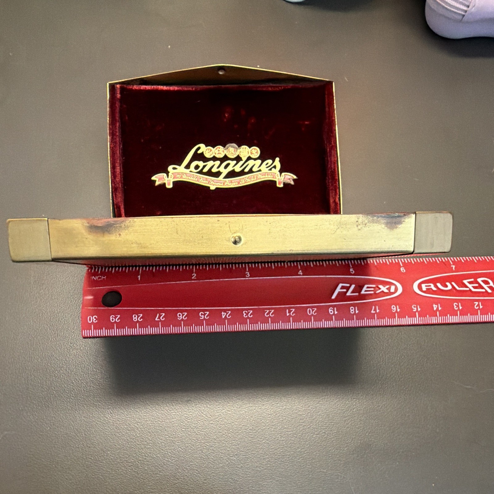 Vintage Longines Watch Box Red Velvet Metal Coffin Case Worlds Most Honored Empt