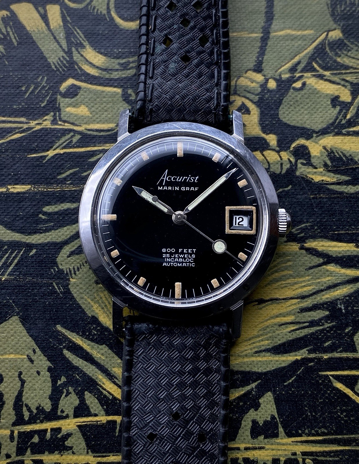 1960s Accurist Marin Graf 600 feet black dial Divers watch ETA 2452 date Tropic