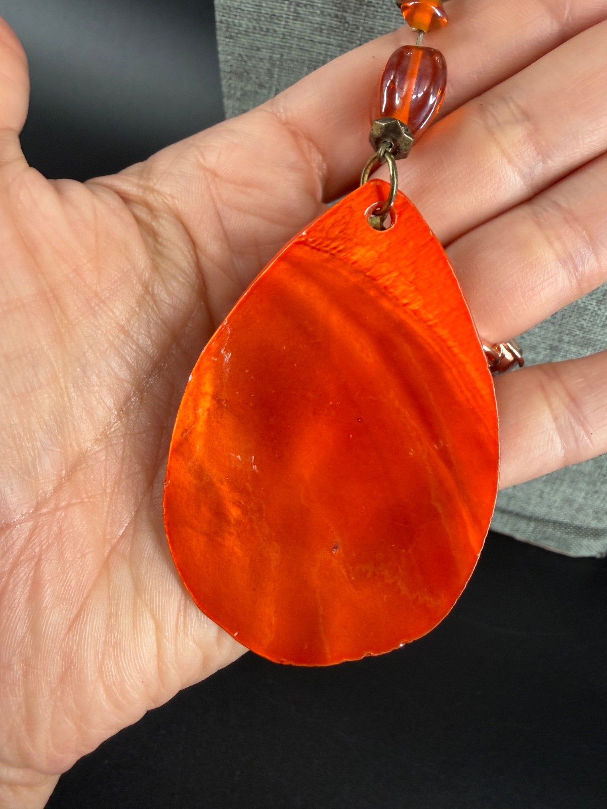 Coldwater Creek Orange Dyed Shell Pendant Seed Bead Necklace 29″